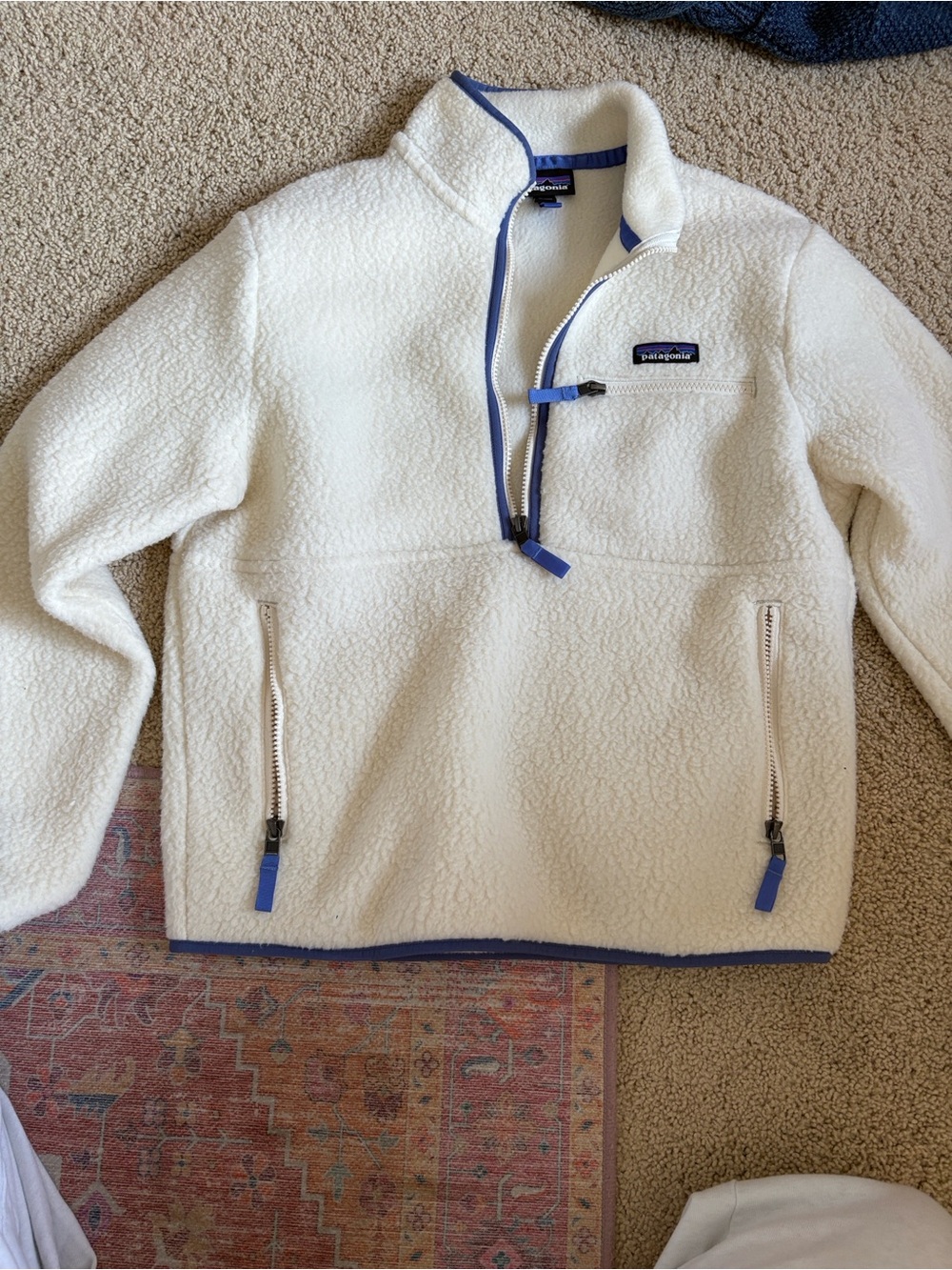 Patagonia Cream Cozy Fleece Pullover with Blue Trim